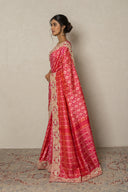 Coral Pink Patola Silk Saree With Zardozi & Aari Work