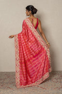 Coral Pink Patola Silk Saree With Zardozi & Aari Work