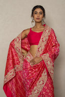 Coral Pink Patola Silk Saree With Zardozi & Aari Work