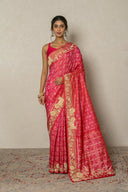 Coral Pink Patola Silk Saree With Floral Zardozi Jaal Border