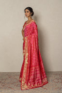 Coral Pink Patola Silk Saree With Floral Zardozi Jaal Border