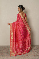 Coral Pink Patola Silk Saree With Floral Zardozi Jaal Border