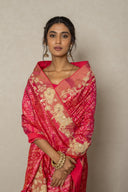 Coral Pink Patola Silk Saree With Floral Zardozi Jaal Border