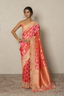 Coral Pink Banarasi Silk Saree With Zardozi Border