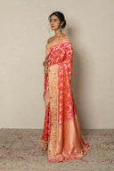 Coral Pink Banarasi Silk Saree With Zardozi Border
