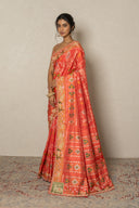 Coral Orange Patola Silk Saree With Zardozi Work