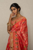 Coral Orange Patola Silk Saree With Zardozi Work
