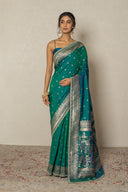 Peacock Green Light Silk Saree With Minakari Weave