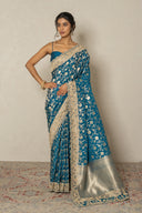 Peacock Blue Banarasi Katan Silk Saree With Zardozi Work