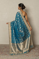 Peacock Blue Banarasi Katan Silk Saree With Zardozi Work