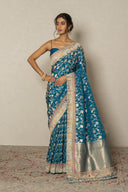 Peacock Blue Banarasi Katan Silk Saree With Zardozi