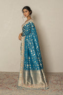 Peacock Blue Banarasi Katan Silk Saree With Zardozi