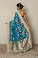 Peacock Blue Banarasi Katan Silk Saree With Zardozi