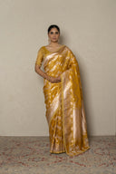 Ochure Yellow Tissue handloom Silk Saree With Zardozi & Aari Work