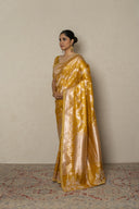 Ochure Yellow Tissue handloom Silk Saree With Zardozi & Aari Work