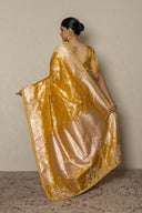 Ochure Yellow Tissue handloom Silk Saree With Zardozi & Aari Work