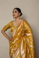 Ochure Yellow Tissue handloom Silk Saree With Zardozi & Aari Work