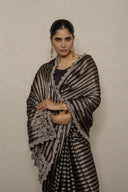 Black & Antique Silver Tissue Saree With Oxidised Zardozi Motifs