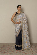 Grey Georgette Resham Embroided Palla Frill Saree