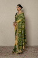 Shaded yellow & Mehendi Green Bandhej Ghatchola With Zardozi Border