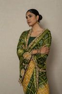 Shaded yellow & Mehendi Green Bandhej Ghatchola With Zardozi Border