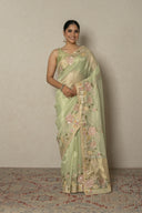 Mint green Tissue organza Saree With Foral Applique Emroidery