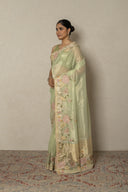Mint green Tissue organza Saree With Foral Applique Emroidery