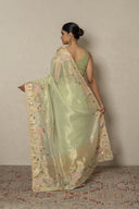 Mint green Tissue organza Saree With Foral Applique Emroidery