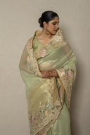Mint green Tissue organza Saree With Foral Applique Emroidery