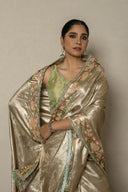 Sage Green Kanjivaram Tissue Saree With Lotus Motif Border