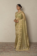 Leaf Green Tissue Saree With Heavy Zardozi