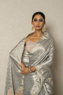 Shimmering Pearl Grey Saree With deer Motif