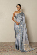 Grey Light Silk Saree With Zardozi Peacock