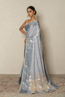 Grey Light Silk Saree With Zardozi Peacock