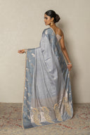 Grey Light Silk Saree With Zardozi Peacock