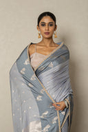 Grey Light Silk Saree With Zardozi Peacock