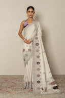 Silver Banarasi Tissue Saree With Oxidised Zardoji & Velvet Accents