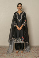 Rich Black Silk Kurta Set with Parakeet motif Zardozi & Resham Work