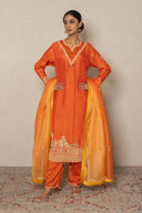 Saffron Silk Kurta Set with Zardozi & Resham Work