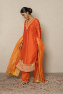 Saffron Silk Kurta Set with Zardozi & Resham Work