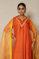 Saffron Silk Kurta Set with Zardozi & Resham Work