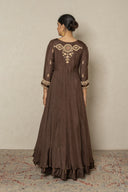 Brown Double-Layer Long Dress with Zardozi Embroidery