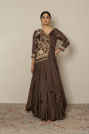 Brown Double-Layer Long Dress with Zardozi Embroidery