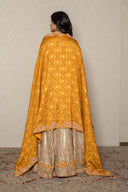 Ivory tissue Lehenga Set with mustard yellow banarasi bandhej dupatta