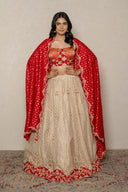 Gold Tissue Zardozi Set with Red Banarasi bandhej Dupatta