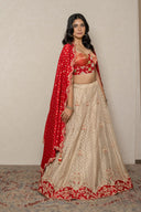 Gold Tissue Zardozi Set with Red Banarasi bandhej Dupatta