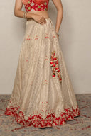 Gold Tissue Zardozi Set with Red Banarasi bandhej Dupatta