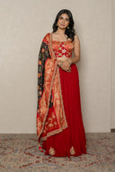 Red Crushed Georgette Skirt Set with Kanjivaram Patola Dupatta