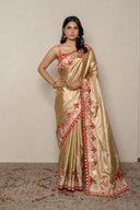 Gold Silk Tissue Saree With Red Floral Embroidered Border