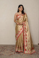 Gold Silk Tissue Saree With Red Floral Embroidered Border